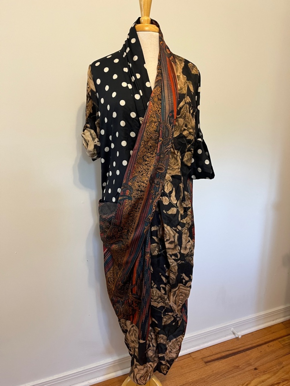 SILK Rose Label Floral & Polka Dot Mixed-Print Maxi Dress One Size RETRO ELEGANT